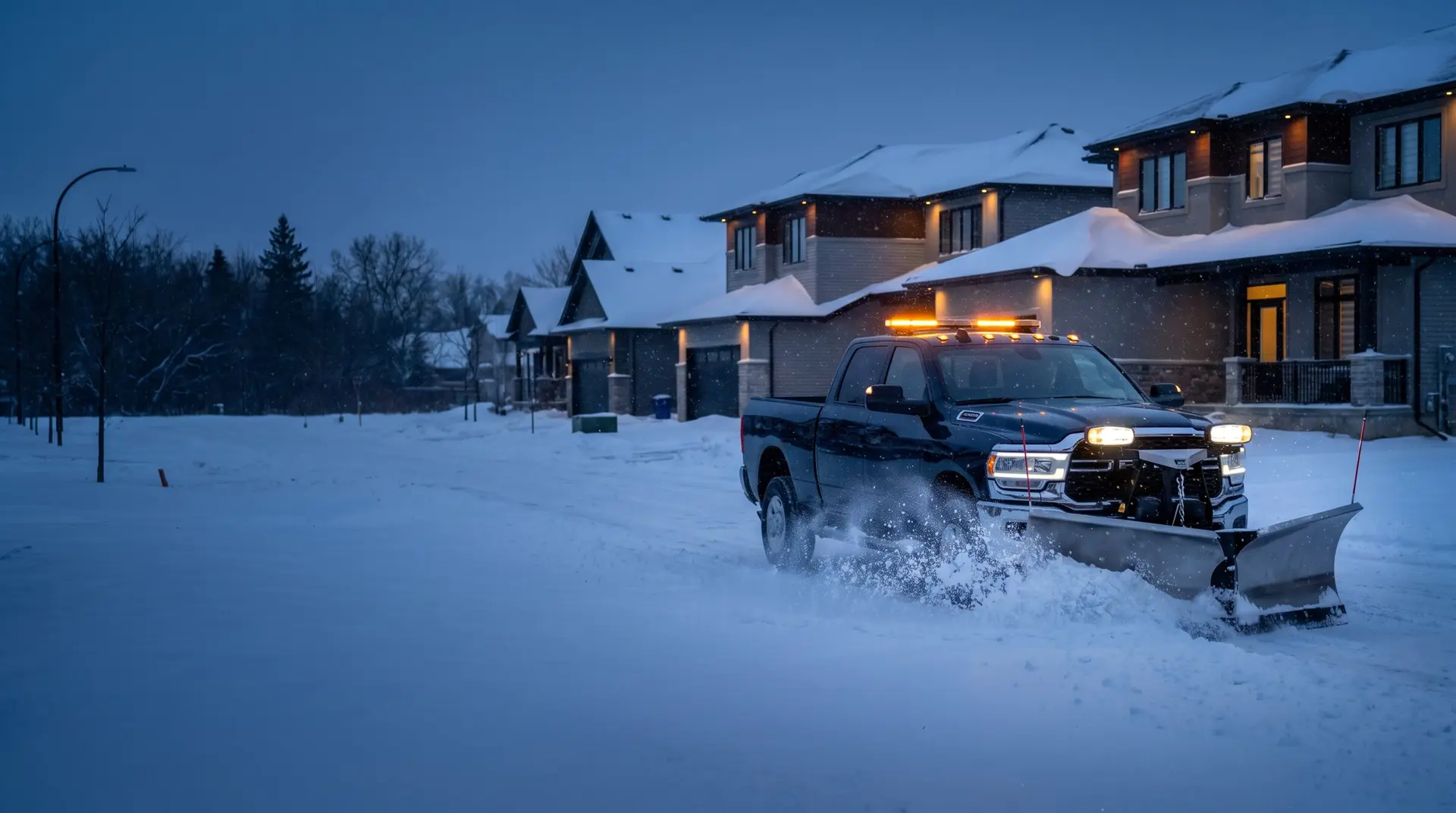 A modern pickup truck with a V-plow clearing a snowy Winnipeg street at dawn