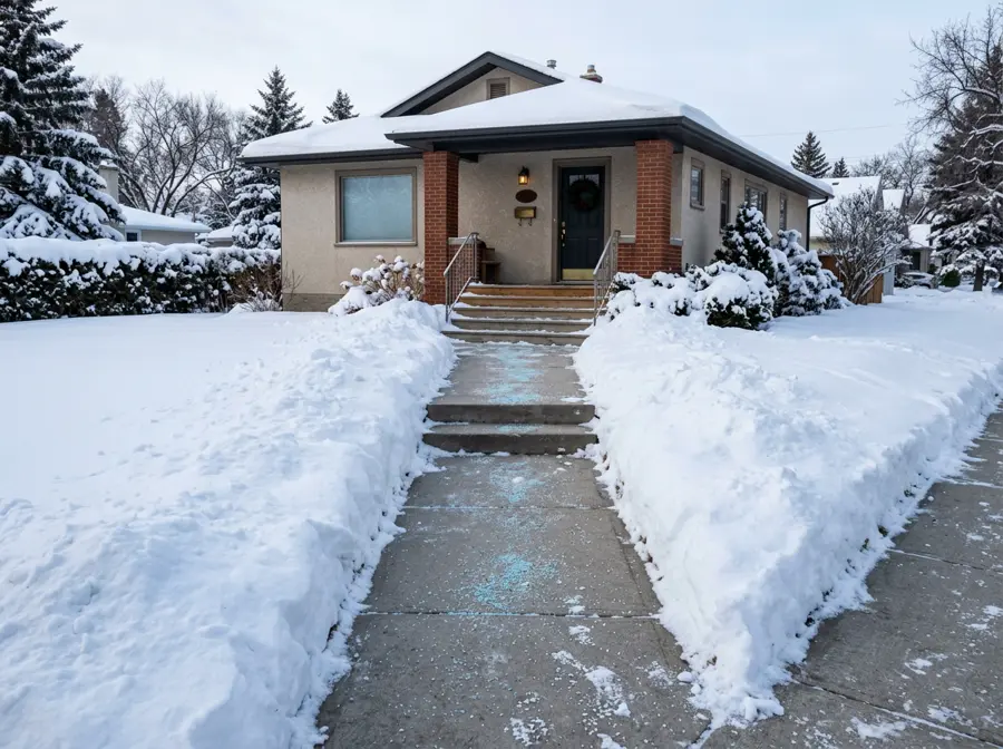 A freshly cleared front walkway and steps leading to a Winnipeg bungalow